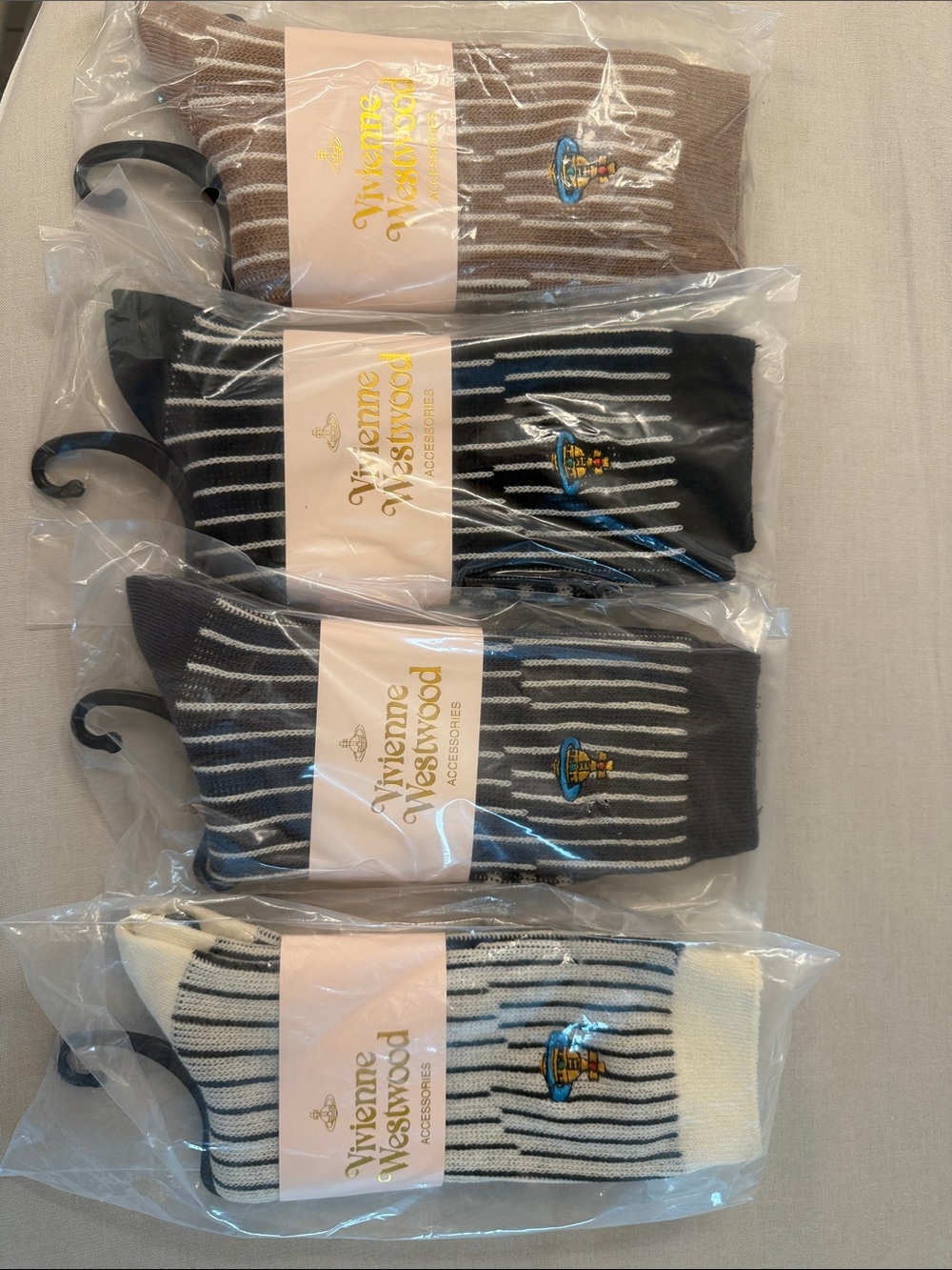 Vivienne Westwood Striped Crew Socks in Beige, Black, Gray & White
